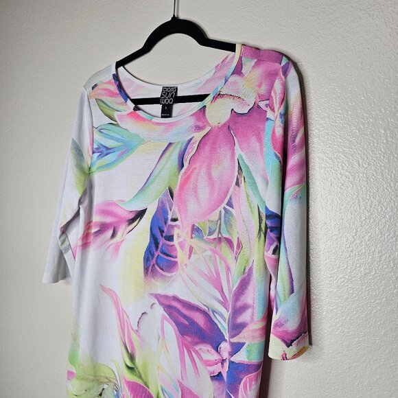 Clara Sun Woo Small Pastel Floral Artsy Art To Wear 3/4 Sleeve Top Blouse Mesh - Picture 2 of 6